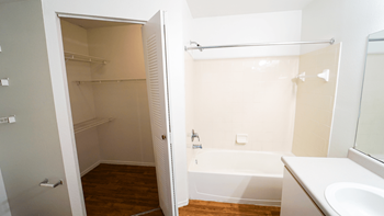 a bathroom with a bathtub and a sink